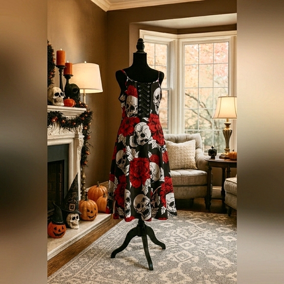 Whimsigoth 1XL Grunge Sugar Skull Sexy Red Rose Lace-Up Grunge Corset Dress - Picture 2 of 8